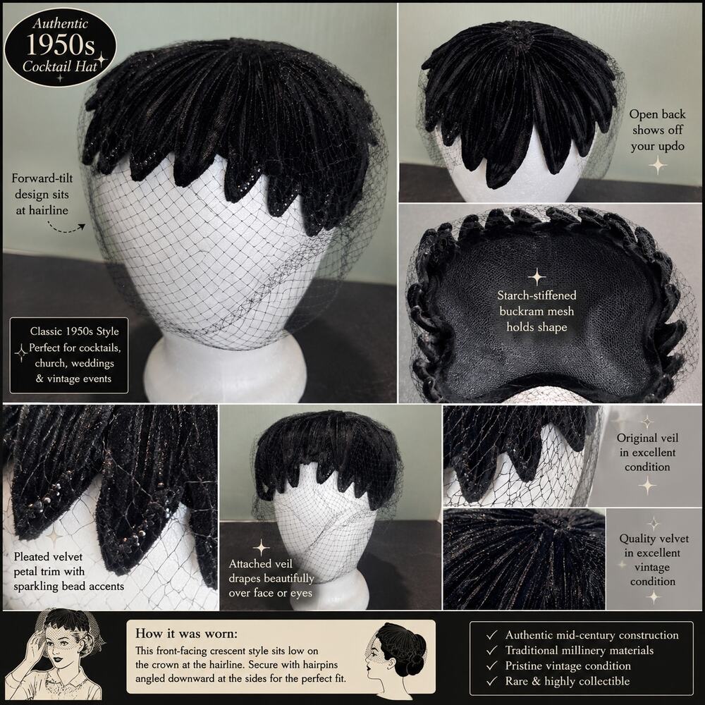 Vintage 1950s Black Cocktail Hat Veil Fascinator Buckram Mesh Velvet Trim NM
